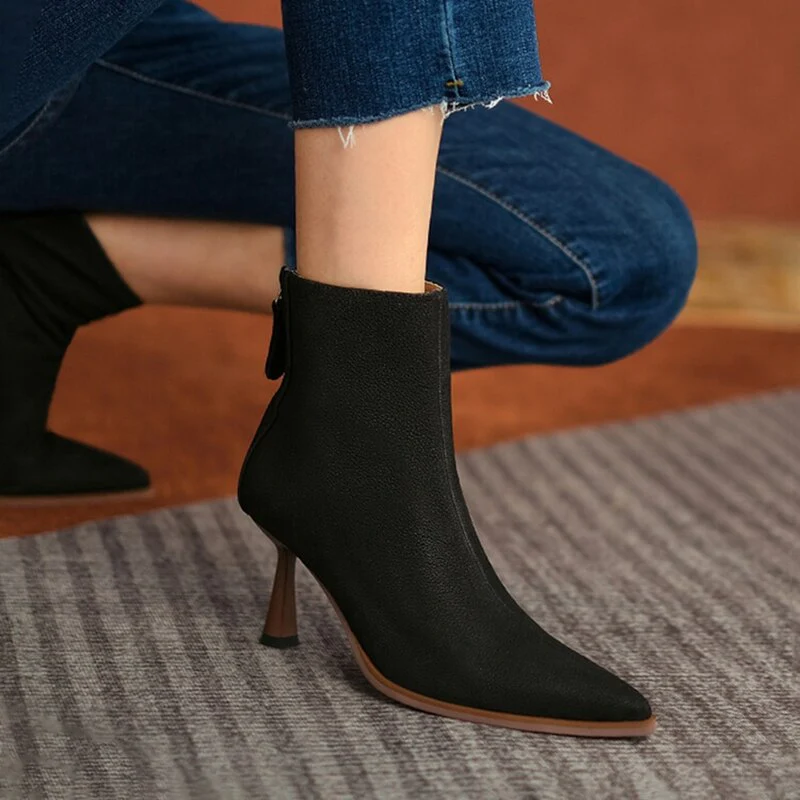 deanwangkt Autumn Boots    NEW Fall Shoes Women Pointed Toe High Heel Shoes Genuine Leather Shoes Thin Heel Ankle Boots for Women Zipper Modern Boots - Deanwangkt