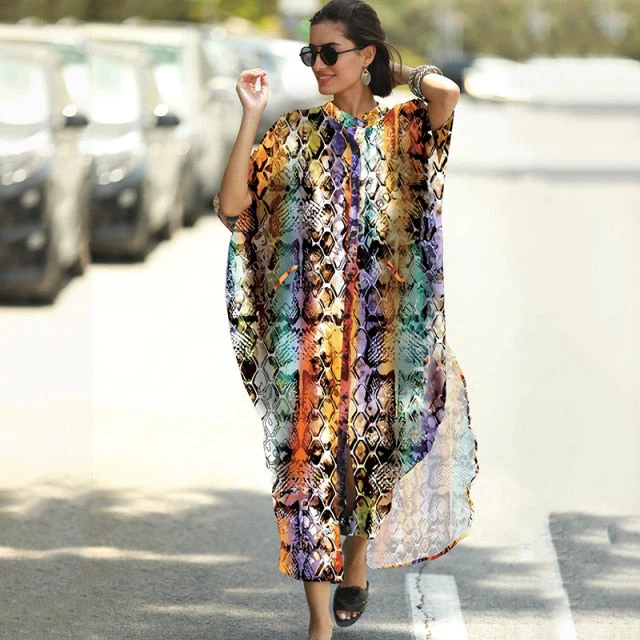 Cover-ups  Kaftan Beach Print SnakeSkin Swimsuit cover up Kimono Plage Beach Robe Femme Long Dress Sarong Dress Beachwear - Deanwangkt