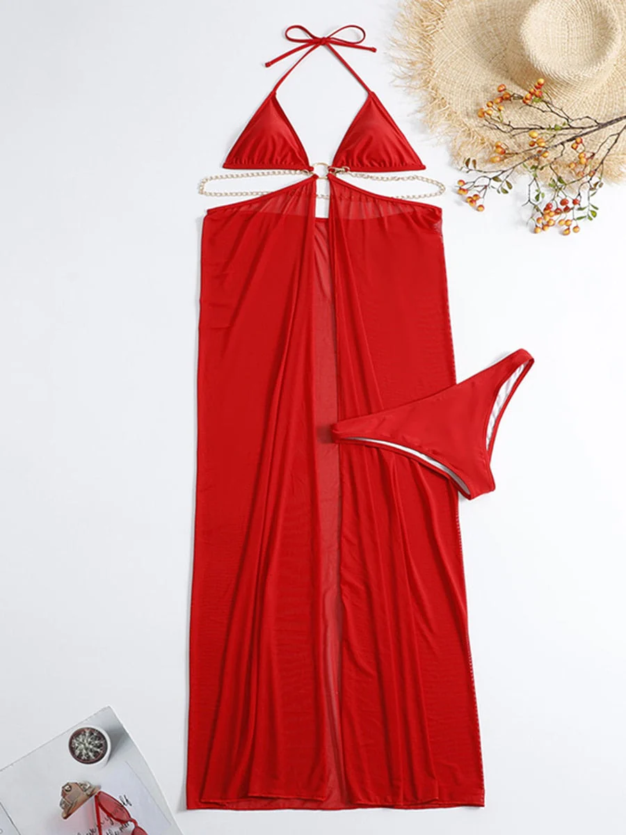 Joskka  Women With Top Dress Triangle Swimwear Female Solid Swimsuit Beach Wear Bathing Swimming Suit Summer - Deanwangkt