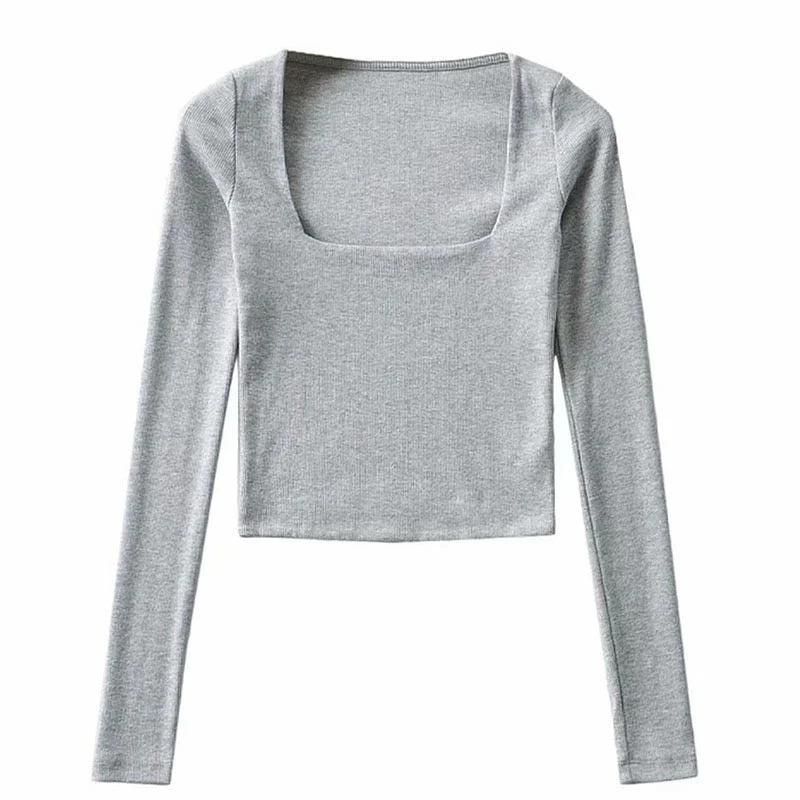 deanwangkt Women Cotton Ribbed Square Neck Crop Top With Long Sleeve - Deanwangkt