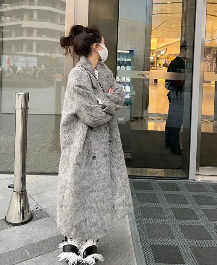 deanwangkt Mohair Long Wool Coat Women Autumn Winter New Long Sleeve Thicken Jacket Vintage Double Breasted Loose Chic Coats - Deanwangkt