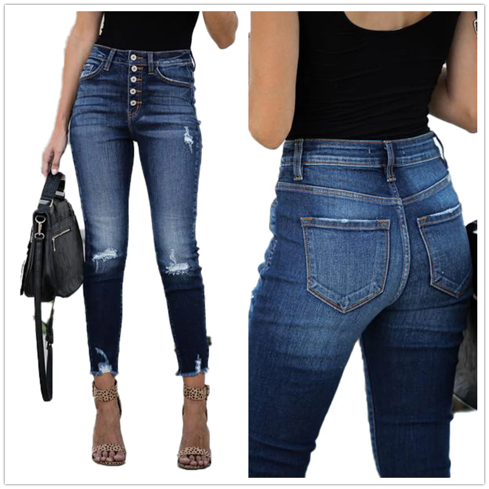 deanwangkt New Arrival Women's High Waist Ripped Jeans Fashion Stretch Skinny Jeans Slim Denim Pencil Pants Female Fall/Winter Clothes - Deanwangkt