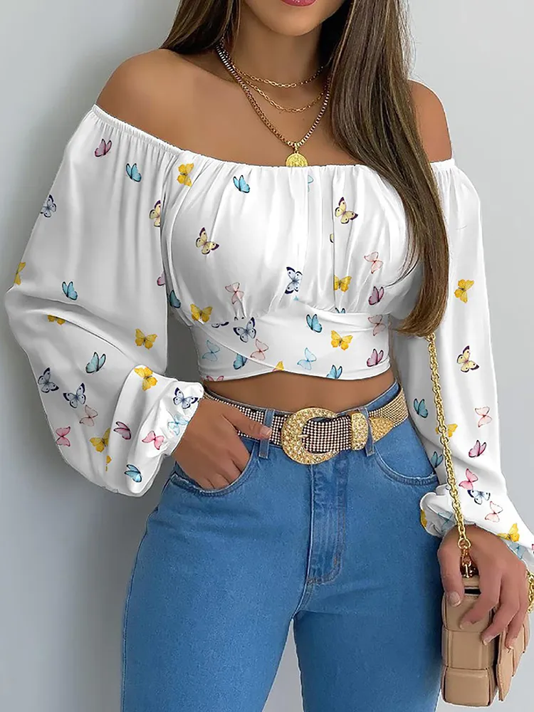 deanwangkt Women Elegant Boho Print Blouse Casual Long Lantern Sleeve Off Shoulder Slim Shirt Female Chic Cropped Top Summer Tunics - Deanwangkt