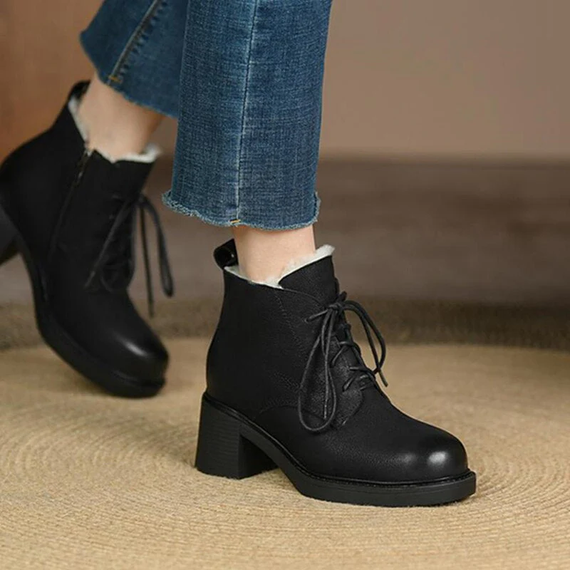 deanwangkt Autumn Boots     New Winter Women Shoes Genuine Leather Boots Women Round Toe Chunky Boots Wool Boots Fashion Snow Boots Women Warm Boots - Deanwangkt