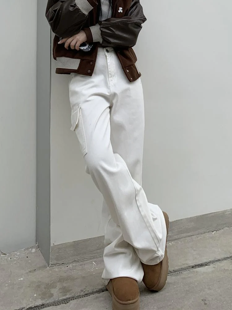 deanwangkt Loose Denim Cargo Pants Mujer Casual High Waist Pocket Mom Jeans Women  Spring Summer White Baggy Woman Jeans - Deanwangkt