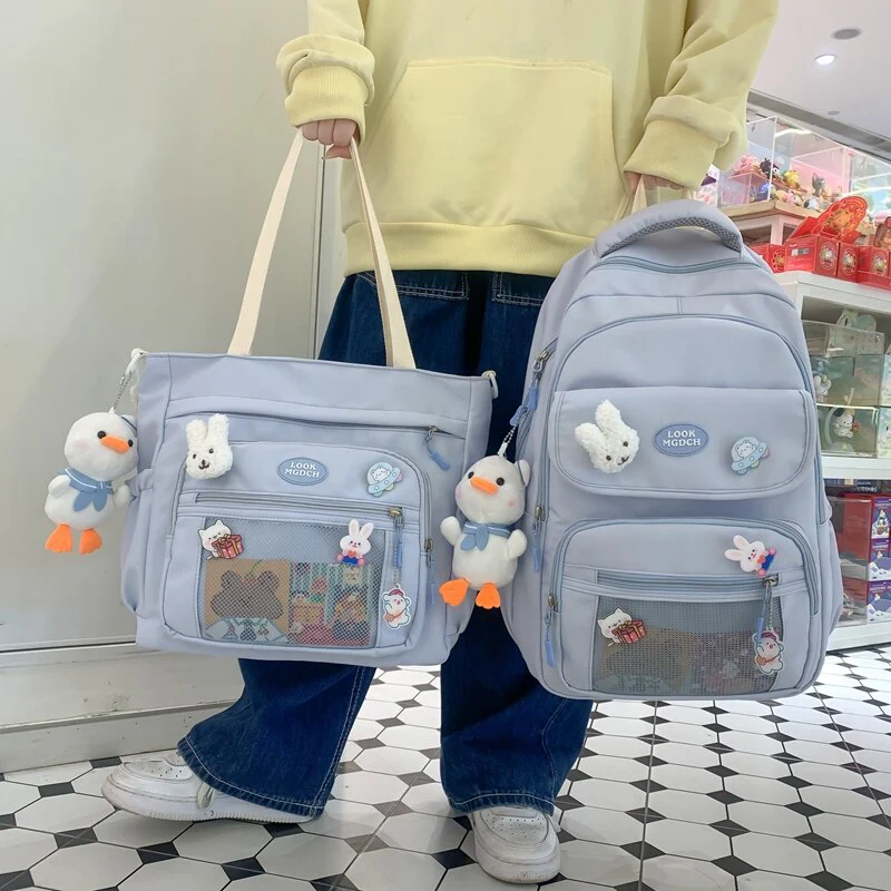 Back to school   Fashion Kawaii Student Schoolbag 2pcs Set Bag Girls Cute Waterproof Backpack Travel Mochila Teens Bookbag Shoulder Bag - Deanwangkt