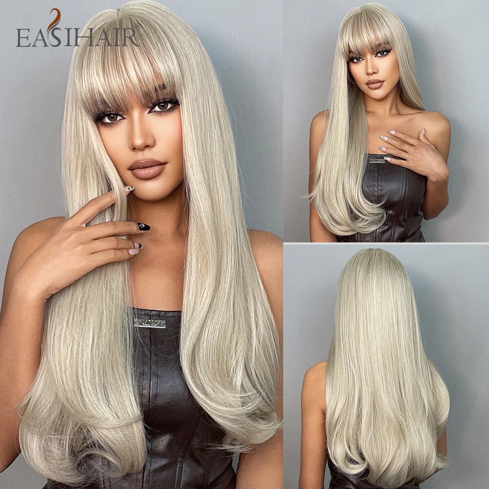 deanwangkt  Long Black Wigs Cosplay Body Wave Synthetic Wigs With Bangs For White/Black Women Brazilian American Natural Hair - Deanwangkt