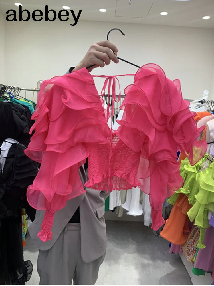 deanwangkt Slim Solid Patchwork Ruffles Lace Up Blouses For Women Deep V Neck Loose Long Sleeve Female  Spring New - Deanwangkt