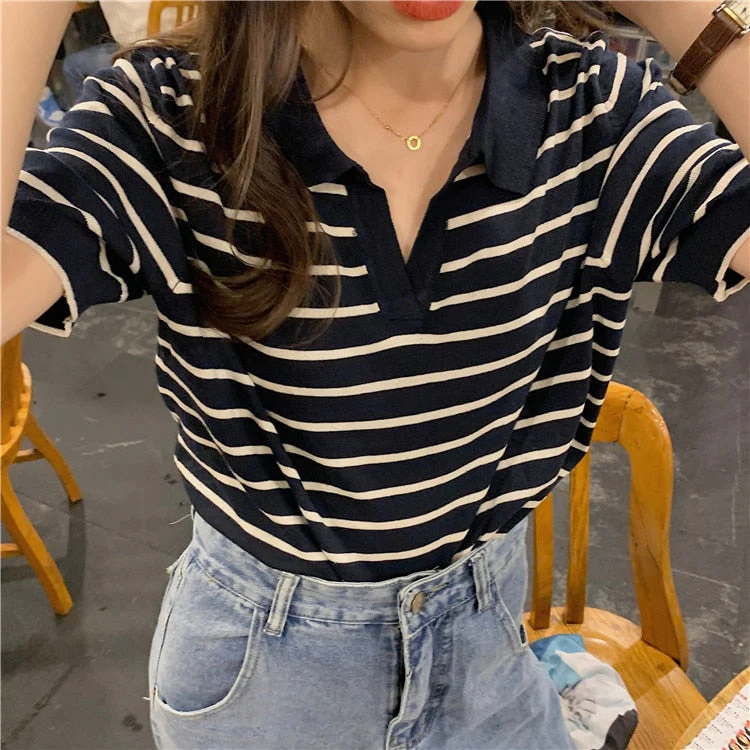 Wenkouban T-Shirts Women Tees Striped Vintage Office Lady Y2k Top V-Neck Summer Harajuku BF Classic Cropped Soft Streetwear Fashion Design - Deanwangkt
