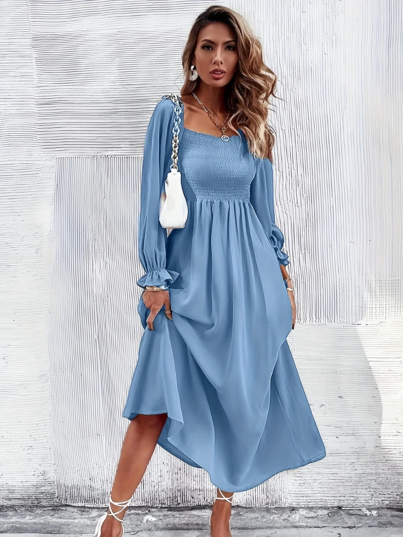 deanwangkt-1  Solid Squared Neck Dress, Casual Long Sleeve Ruffle Trim Shirred Maxi Dress, Women's Clothing - Deanwangkt