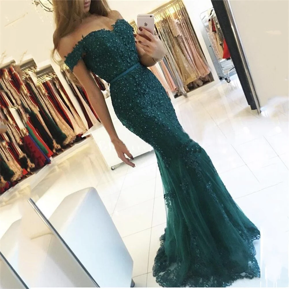DEANWANGKT  Mermaid Off The Shoulder Long Prom Dress Sweetheart Lace Appliques Sequined Women Evening Party Gowns  Vestidos De Fiesta - Deanwangkt