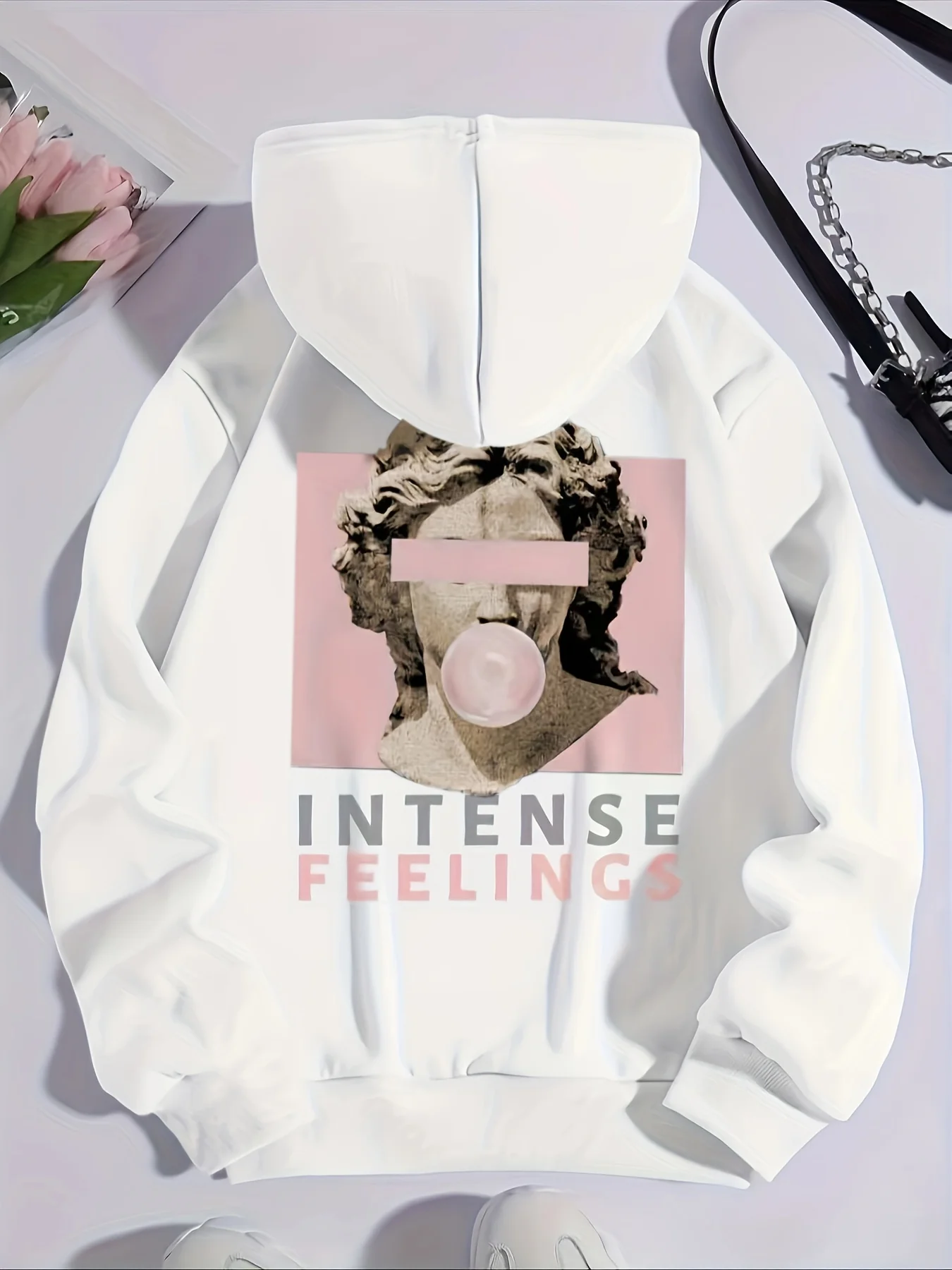 Sculpture & Letter Graphic Kangaroo Pocket Drawstring Thermal Hoodie, Hooded Sports Sweatshirt, Women's Sporty Sweatshirts - Deanwangkt