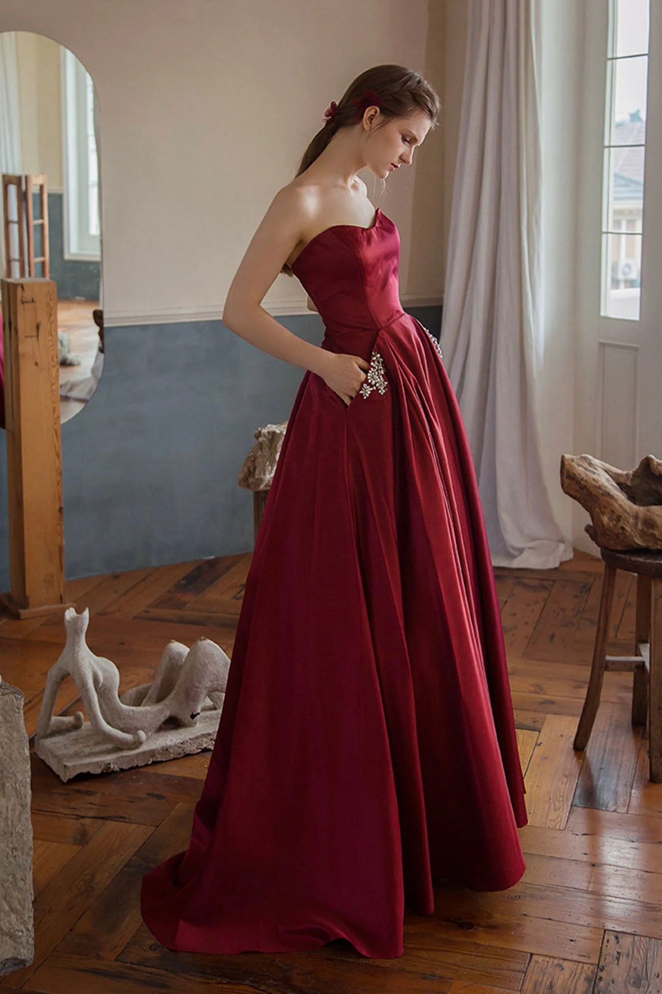 solvbao Burgundy Satin Long Strapless Prom Dresses with Pockets - Deanwangkt