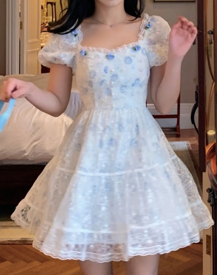 deanwangkt  Floral Lace Korean Sweet Dress Women France Vintage Elegant Party Mini Dresses Female Print Casual Beach Boho Fairy Dress Summer - Deanwangkt