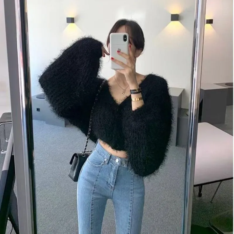 deanwangkt Women Yellow Mink Cashmere Knitted Cardigan V-neck Velvet Mohair Sweater Coat Long-sleeved Wild Plush Single-breasted Crop Tops - Deanwangkt