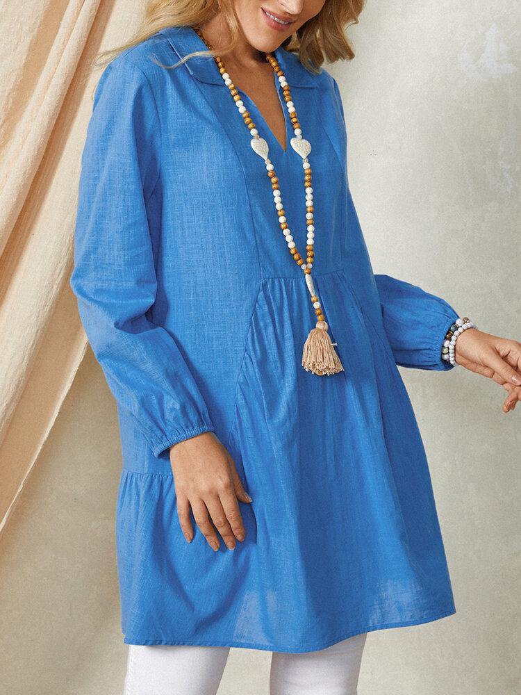 deanwangkt Puff Sleeve Lapel Pleated Stitching Elastic Cuffs Solid Daily Casual Cotton Blouse For Women - Deanwangkt