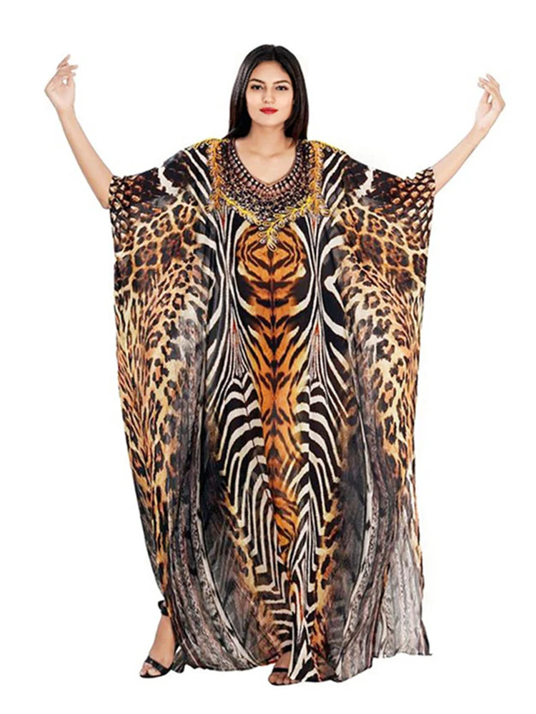 deanwangkt Over Size Chiffon Beach Cover-up Leopard Print Bohemian Dress Pareos Beach Wear Swimsuit Cover Up Maxi Dress Robe De Plage - Deanwangkt