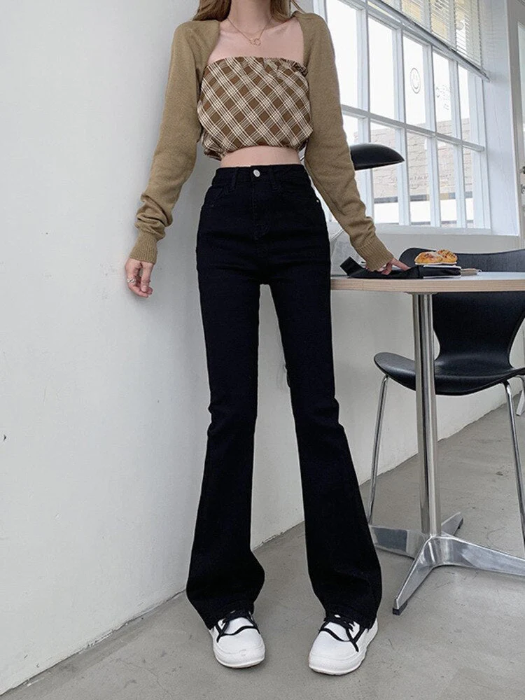 deanwangkt High-waisted Stretch Tail Flared Jeans Women's Autumn And Winter Slim Straight Tube Lengthened Drape Floor Mopping Pants - Deanwangkt