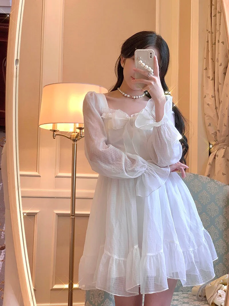 deanwangkt French Sweet Fairy Lolita Dress Women Long Sleeve Lace Y2k Mini Dress Vintage Kawaii Clothes One Piece Dress Korean  Autumn - Deanwangkt