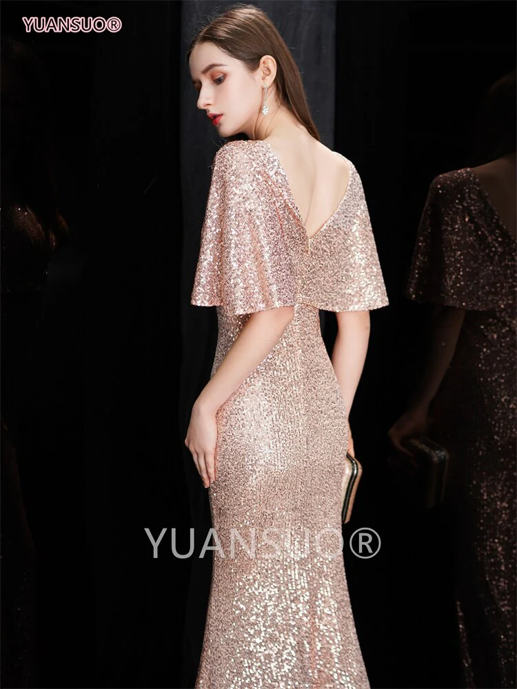 DEANWANGKT Golden Evening Dresses Mermaid Short Sleeves Sexy V Neck Evening Gown Elegant Glitter Bat Sleeves Formal Party Dress - Deanwangkt