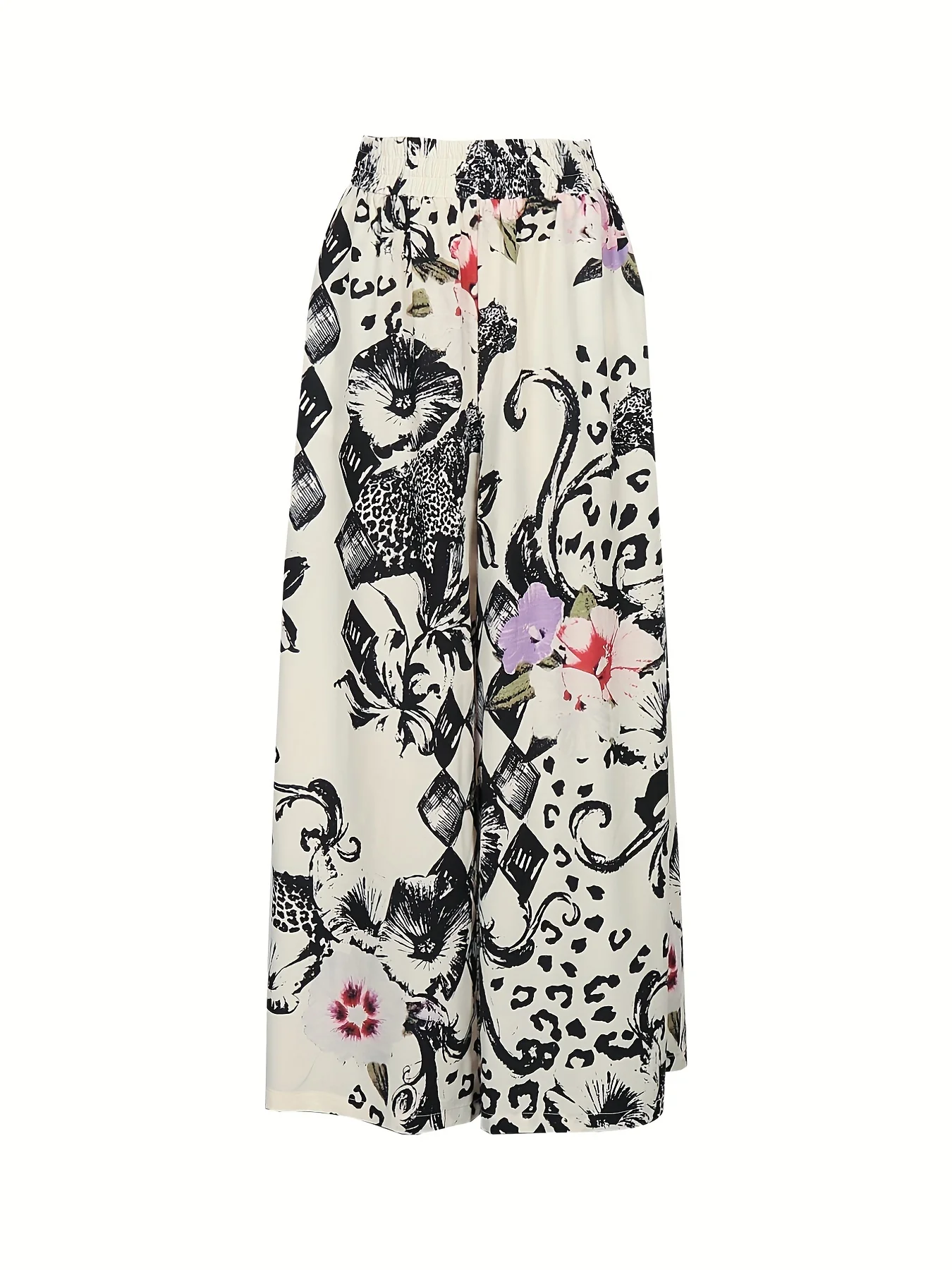 Plus Size Casual Pants, Women's Plus Abstract Figure Print High Waist Wide Leg Loose Pants - Deanwangkt