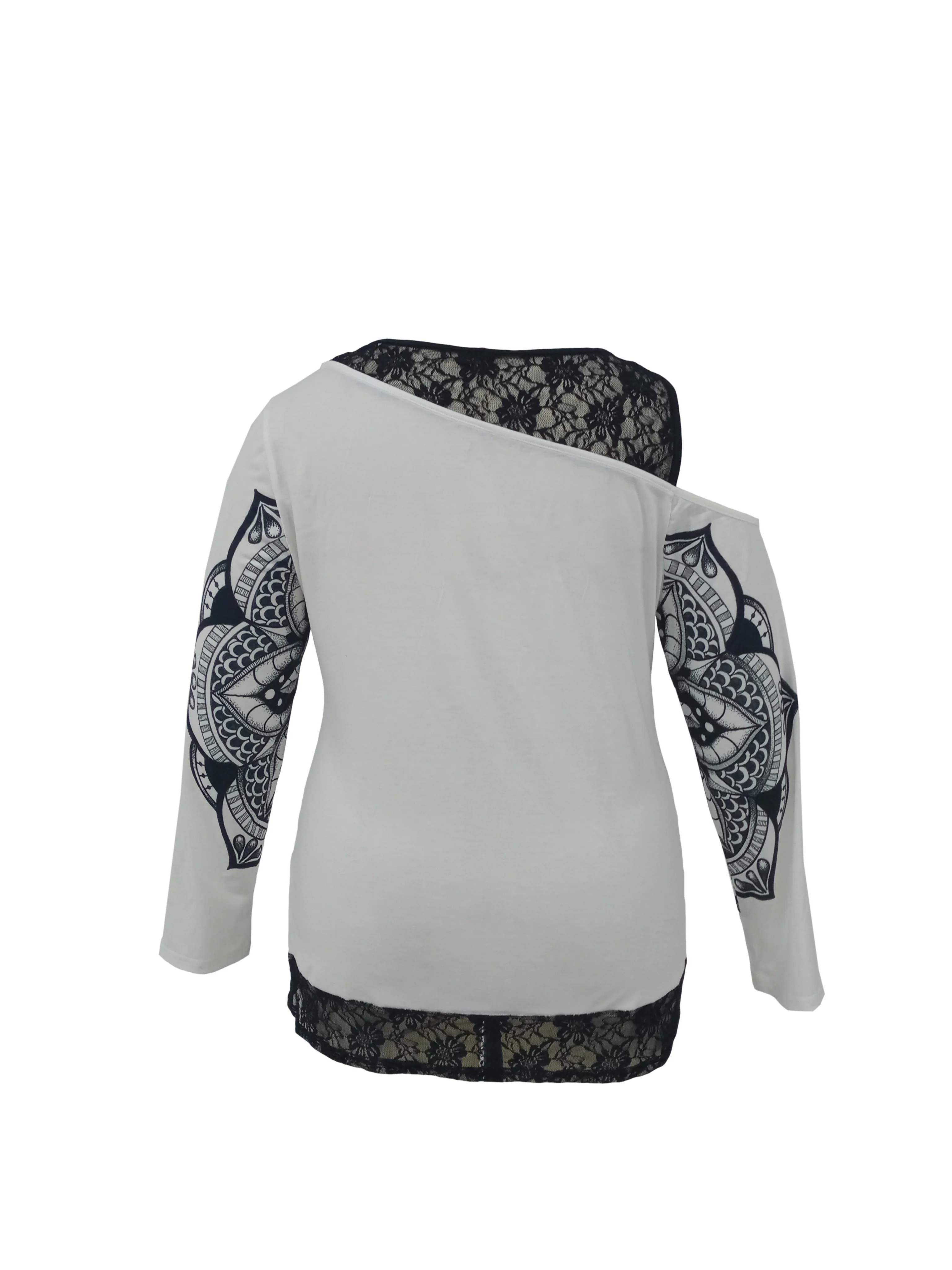 Plus Size Casual T-shirt, Women's Plus Skull & Mandala Print Contrast Lace Cold Shoulder Long Sleeve Slight Stretch T-shirt - Deanwangkt