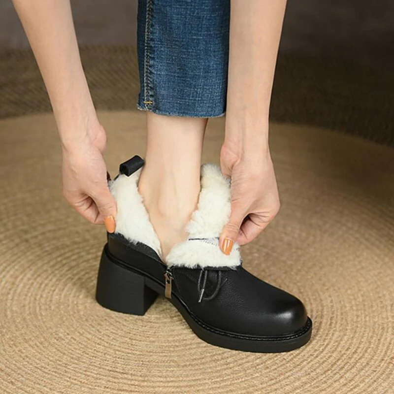 deanwangkt Autumn Boots     New Winter Women Shoes Genuine Leather Boots Women Round Toe Chunky Boots Wool Boots Fashion Snow Boots Women Warm Boots - Deanwangkt