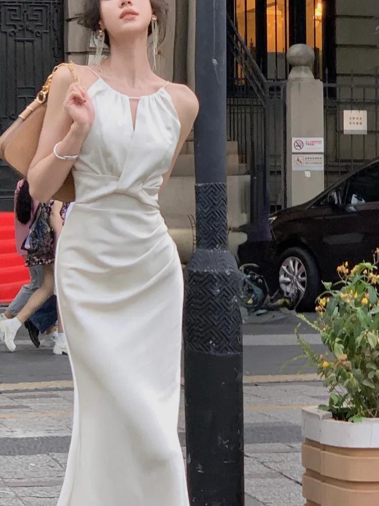 Joskka  Summer Elegant Sleeveless Midi Dress Women French Even Party Pure Color Dress Office Lady Slim Bodycon Dress Korean - Deanwangkt