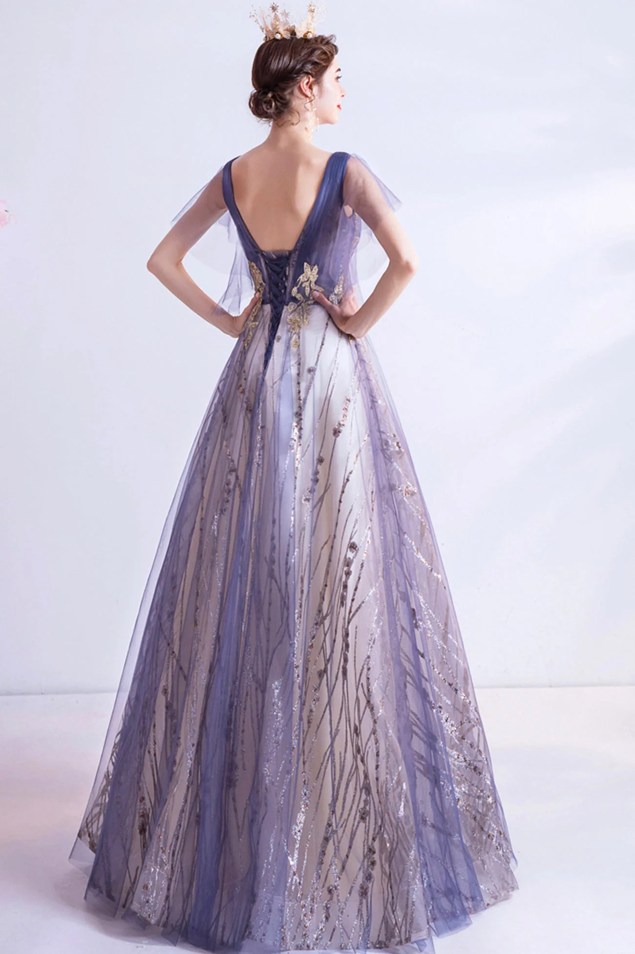 solvbao Purple V-Neck Tulle Sequins Long Prom Dresses, A-Line Evening Dresses - Deanwangkt