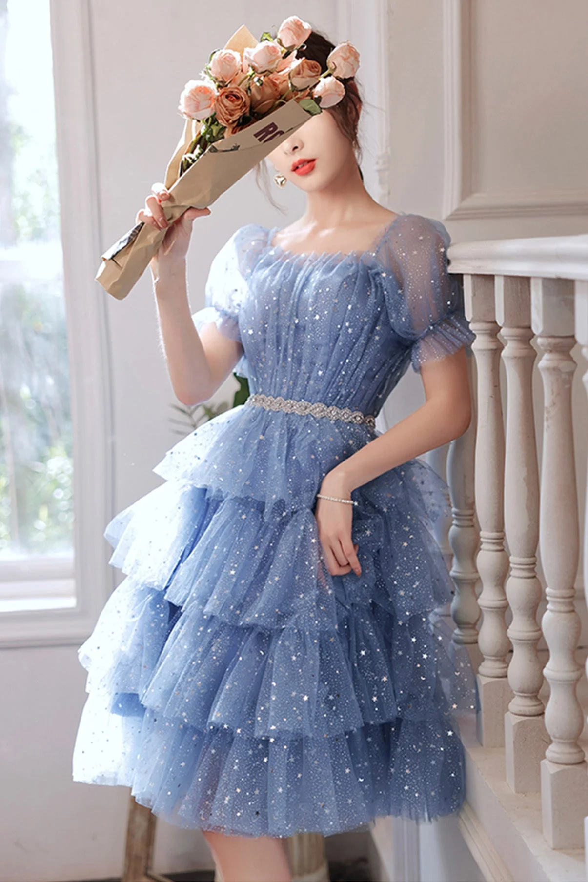 solvbao Blue Tulle Short A-Line Prom Dresses, Blue Mini Party Dresses - Deanwangkt