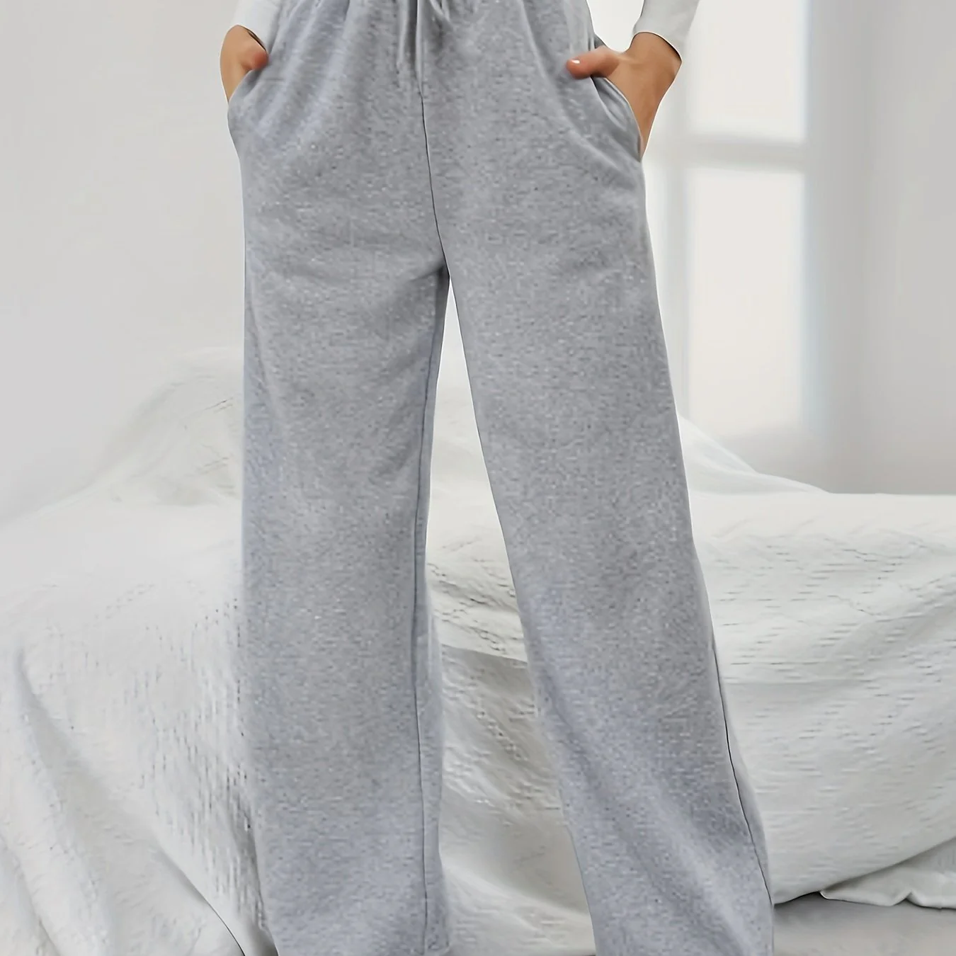 Solid Drawstring Wide Leg Pants, Casual Dual Pockets Pants, Women's Clothing - Deanwangkt