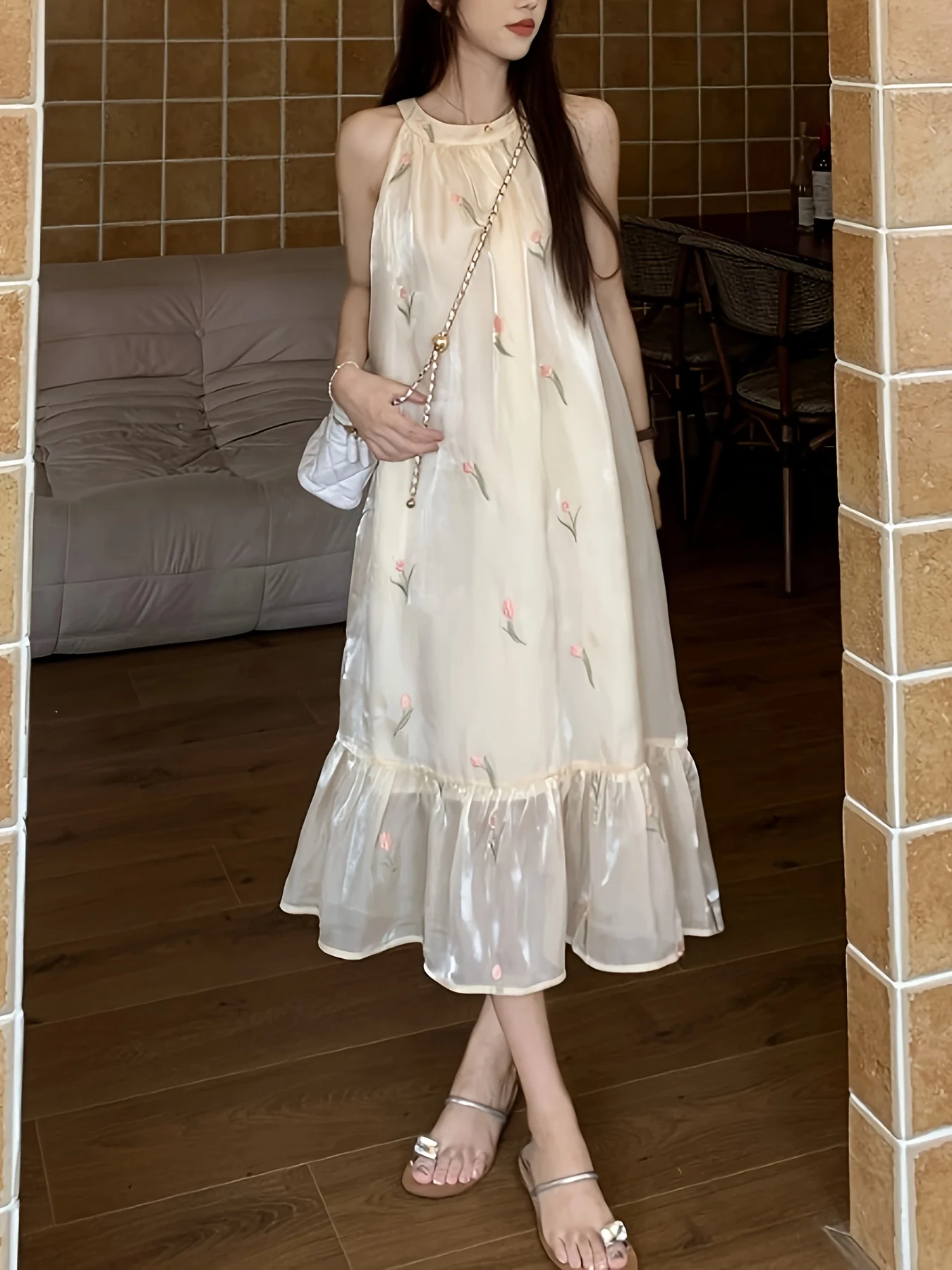 deanwangkt  Floral Pattern Halter Neck Dress, Elegant Sleeveless Ruffle Hem Dress For Spring & Summer, Women's Clothing - Deanwangkt