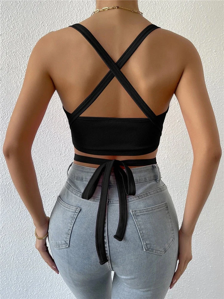 deanwangkt Solid Crisscross Backless Rib Knit Cami Top for Women Summer Club Party Sexy Sleeveless Crop Top Streetwear Y2K Clothes - Deanwangkt