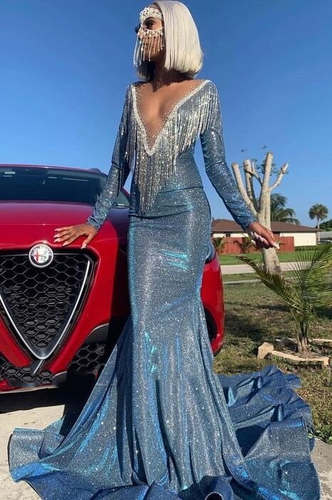 DEANWANGKT Blue Muslim Evening Dresses  Mermaid Long Sleeves Sequins Sparkle Islamic Dubai Kaftan Saudi Arabia Long Evening Gown - Deanwangkt