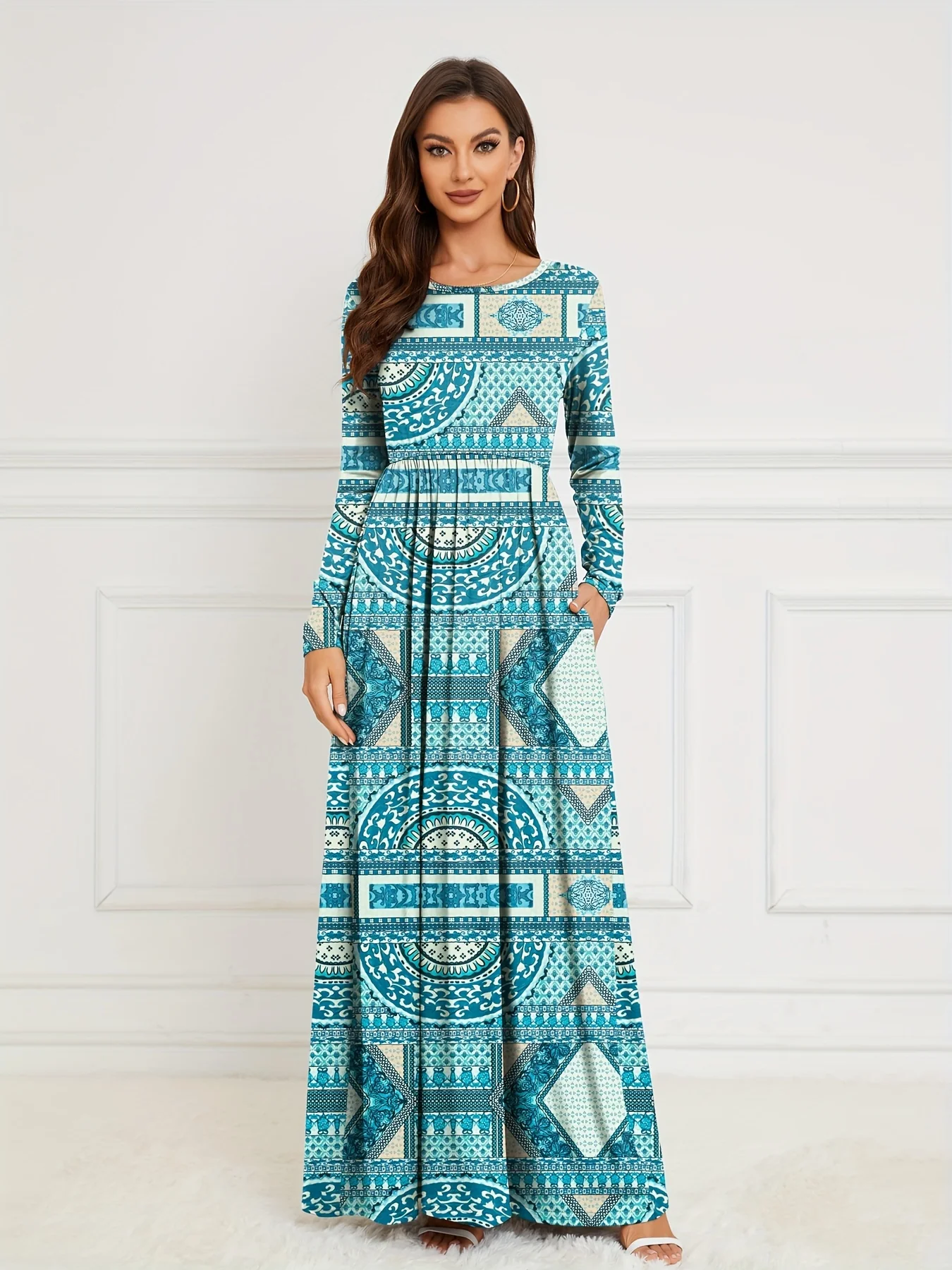 Geometric Print Crew Neck Dress, Elegant Long Sleeve Pleated Maxi Dress, Women's Clothing - Deanwangkt