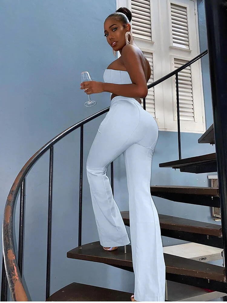 deanwangkt  Boned Corset Crop Top Two Piece Pants Set Women Strapless High Waist Flare Trousers 2 Piece Set Summer Long Suit Tracksuit - Deanwangkt