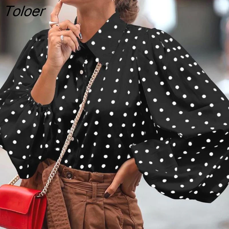deanwangkt Office Lady White Blouse Shirt Women Polka Dot Lantern Sleeve Women Blouses Tops Oversized Loose Female Shirt Blusas 12372 - Deanwangkt