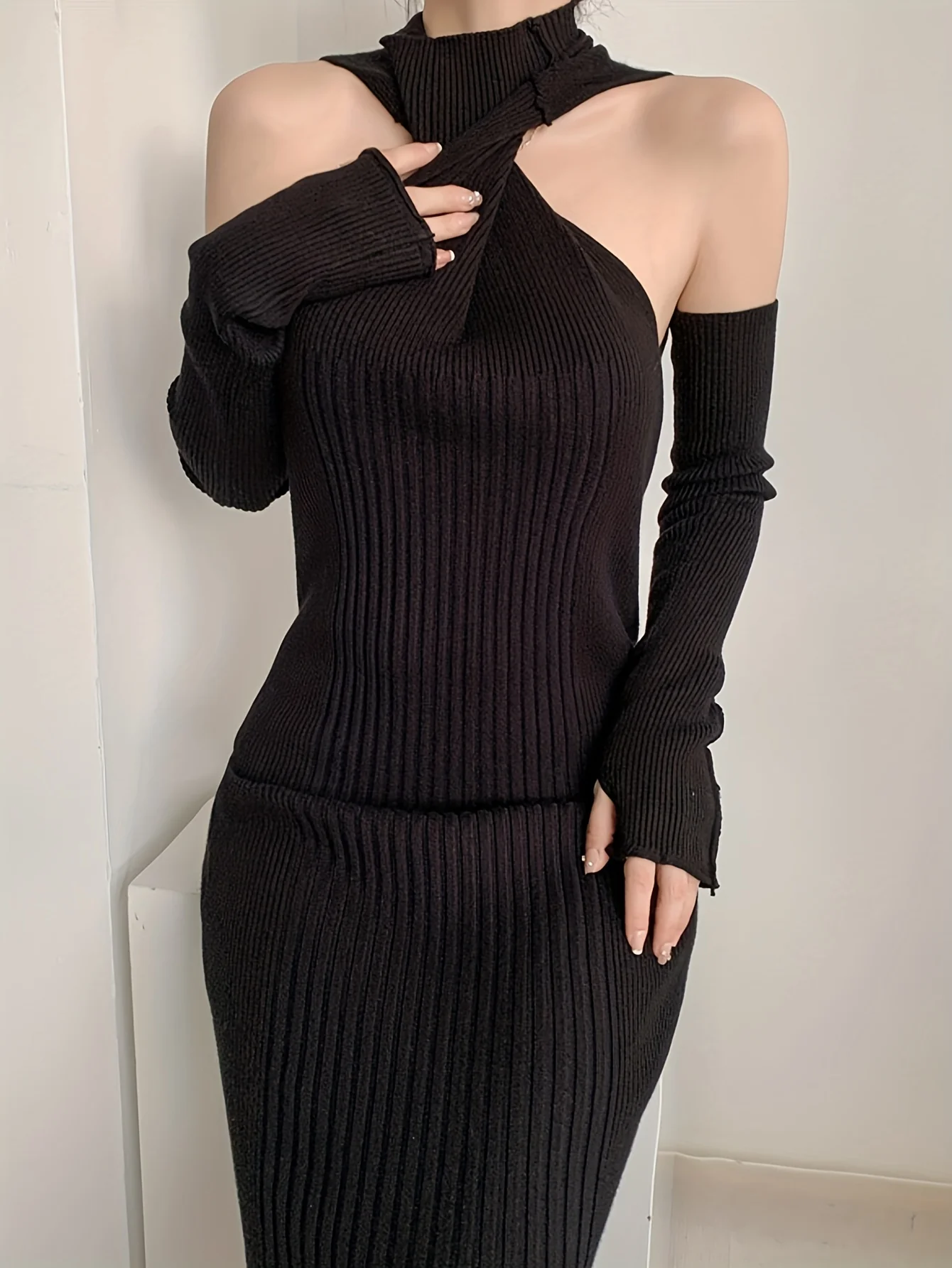 Turtleneck Solid Bodycon Dress, Elegant Split Maxi Dress, Women's Clothing - Deanwangkt