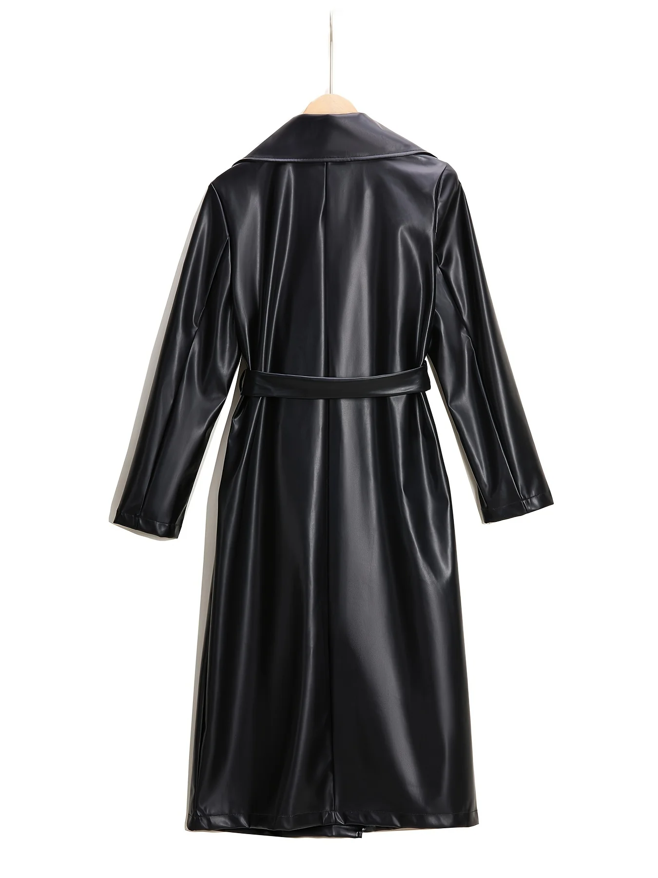 Longline Faux Leather Coat, Elegant Black Lapel Belted Coat For Fall & Winter, Women's Clothing - Deanwangkt