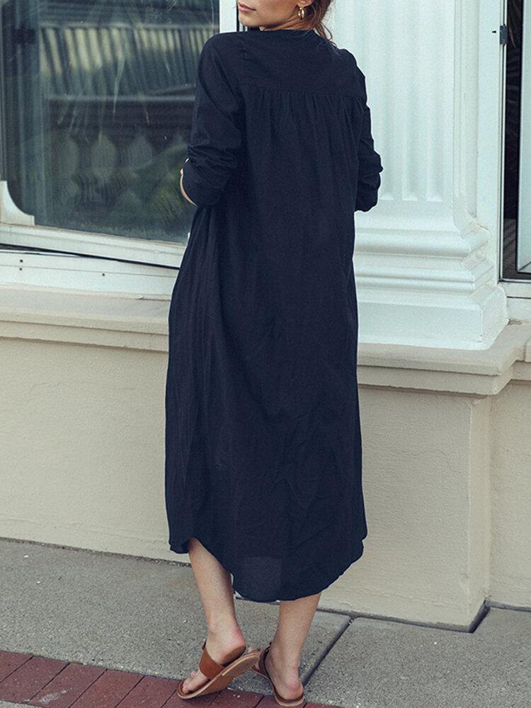 deanwangkt Casual Solid Plain Long Sleeve Button Cotton Shirt Dress - Deanwangkt