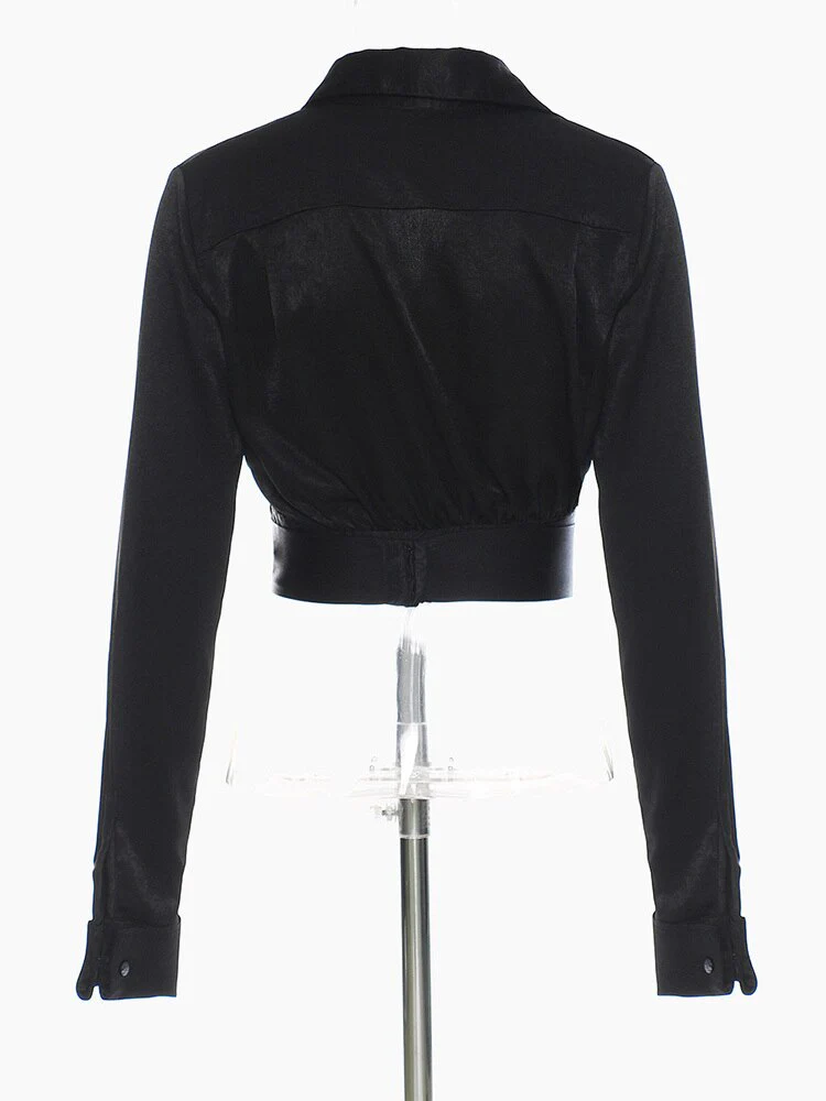 deanwangkt Women Black Short Single Button Casual Blouse New Lapel Long Sleeve Loose Fit Shirt Fashion Spring Autumn  1DD7365 - Deanwangkt