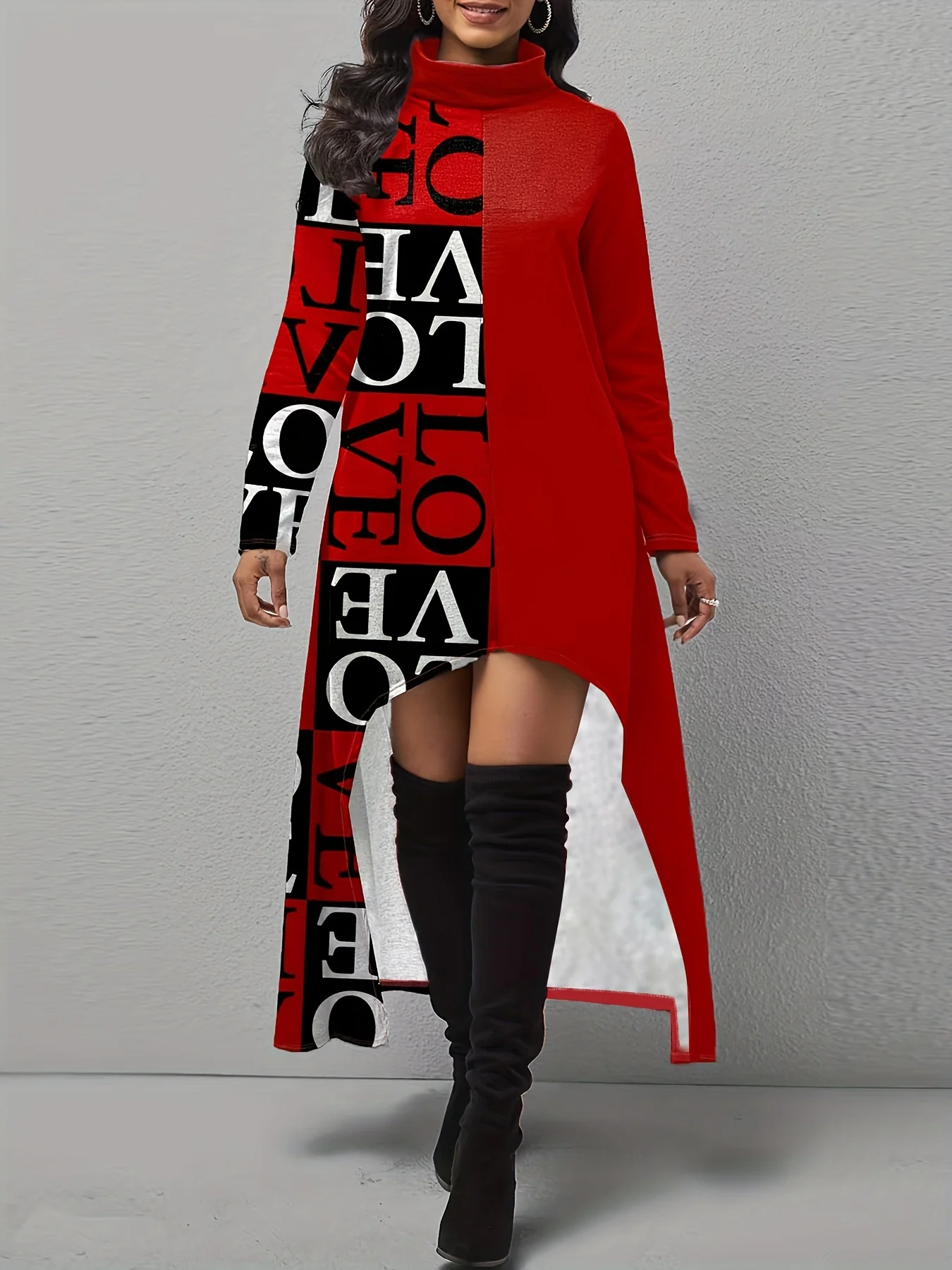 Letter Print Splicing Dress, Casual Dipped Hem Long Sleeve Dress, Women's Clothing - Deanwangkt