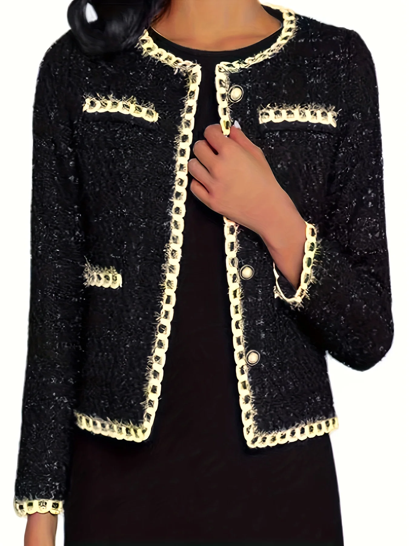 Contrast Trim Button Front Jacket, Casual Crew Neck Long Sleeve Outerwear, Women's Clothing - Deanwangkt