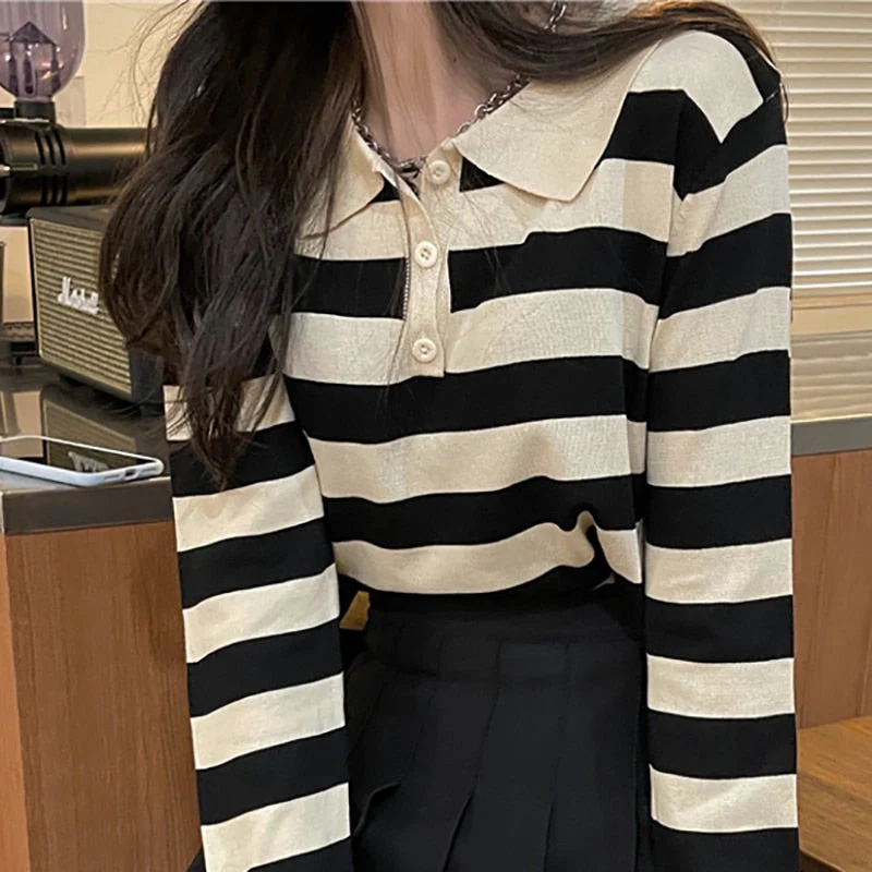 Wenkouban Women's  Spring Fashion Knitting T Shirts Turn-Down Collar Casual Short Tops Female Button Striped Loose T-Shirt Tees Femme - Deanwangkt