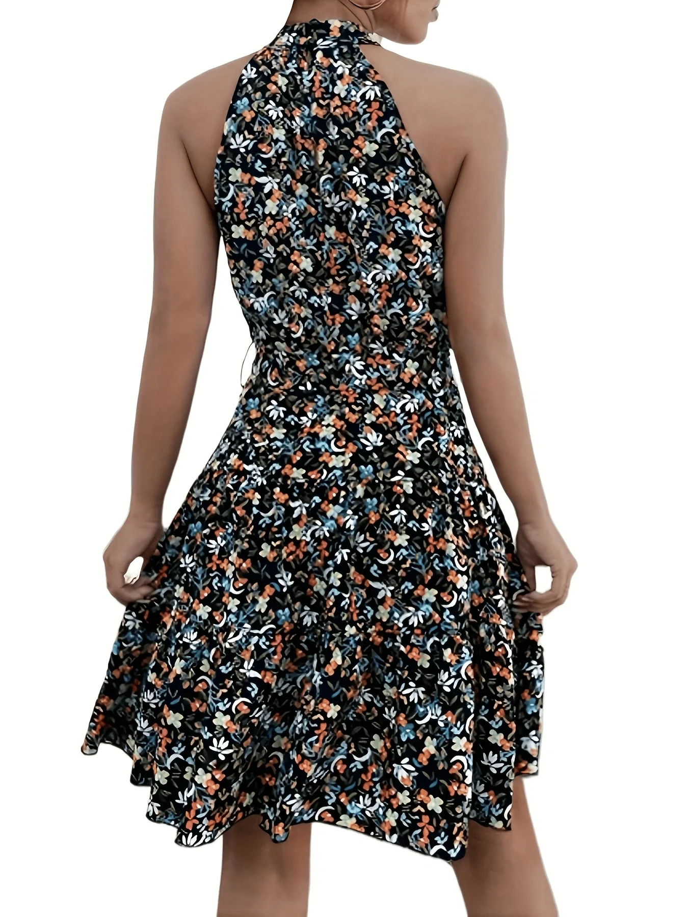 deanwangkt-1 Ditsy Floral Print Halter Dress, Vacation Casual Dress For Summer & Spring, Women's Clothing - Deanwangkt