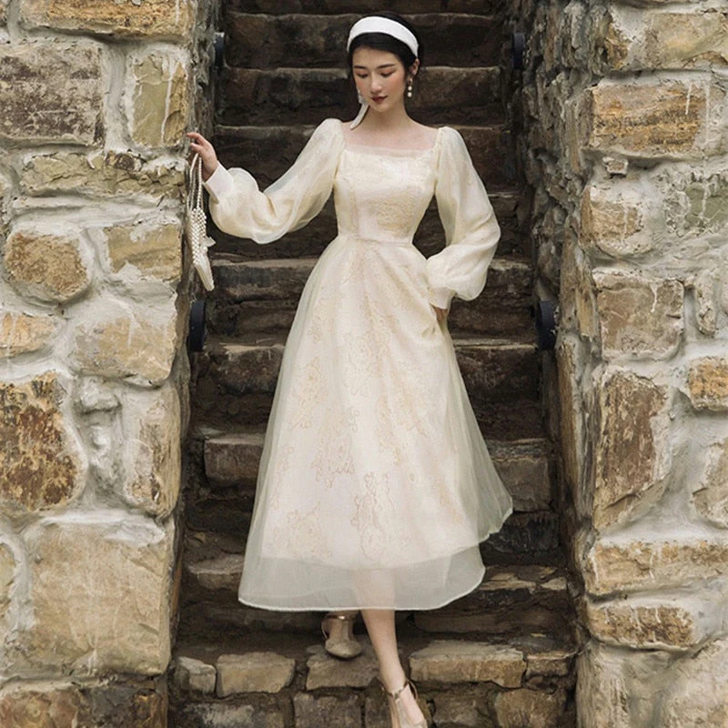 Vintage Style Fairy Dresses Spring  Chic Lace Hook Flower Cutout Lantern Sleeve Princess Vestidos Women Mesh Party Dress - Deanwangkt