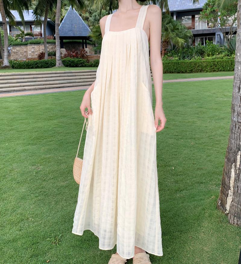 deanwangkt Summer Midi Apricot Slim Square Collar Sleeveless Bandage Slip Dress For Women Elegant Pleated High Waist A-line Party Dresses - Deanwangkt