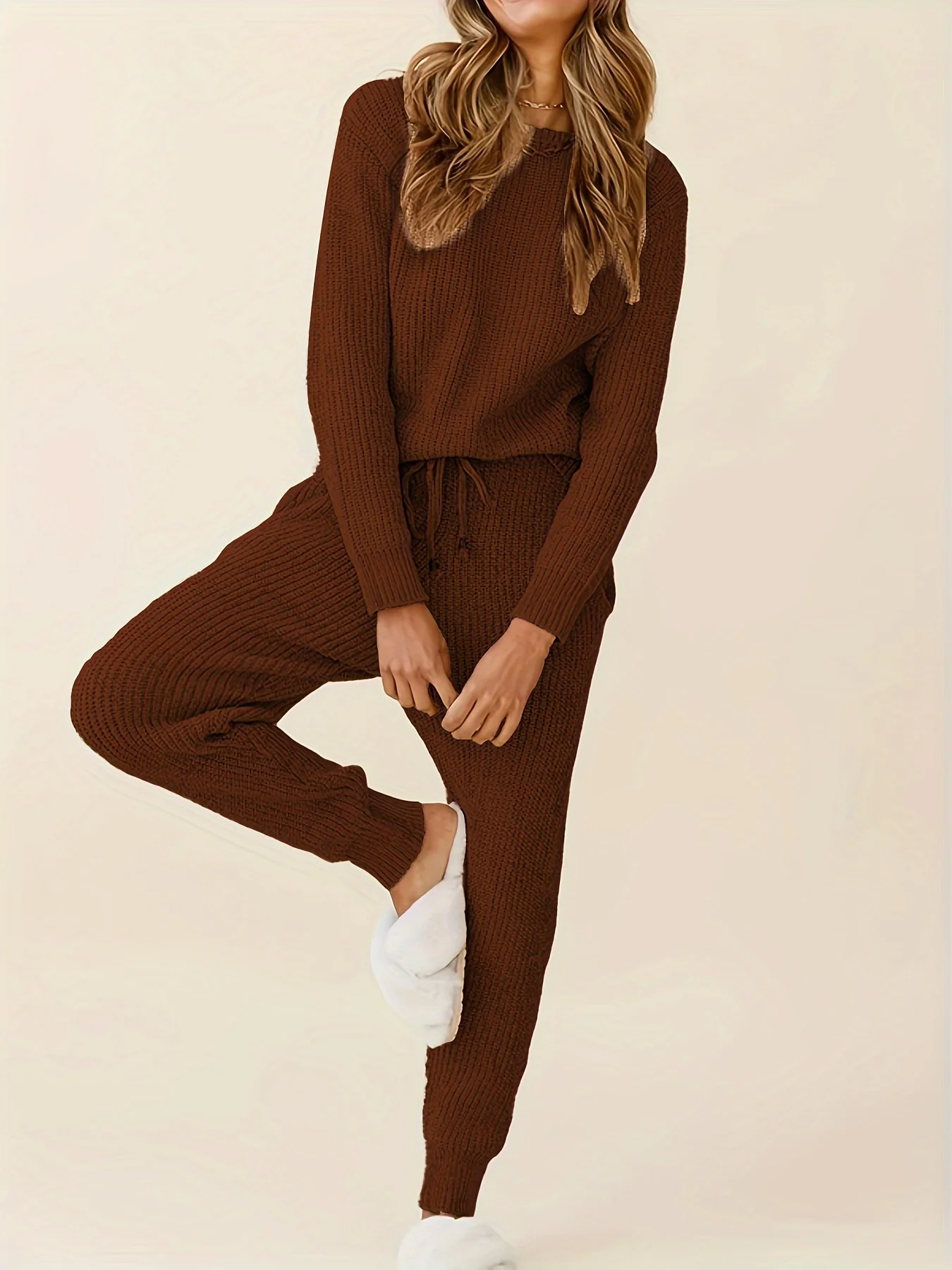 Solid Knitted Two-piece Set, Casual Long Sleeve Sweater & Drawstring Pocket Pants Outfits, Women's Clothing - Deanwangkt