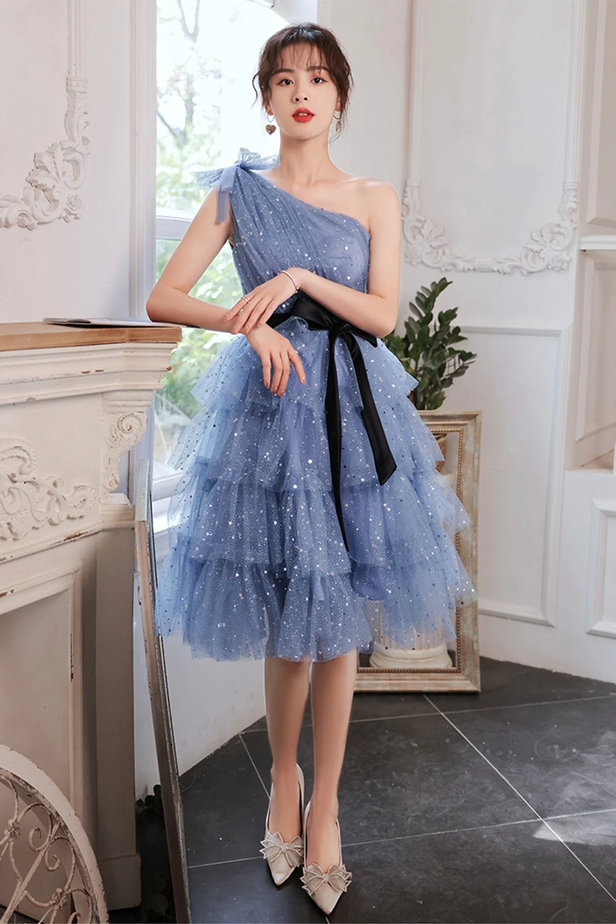 solvbao Blue Tulle Short Prom Dresses, One Shoulder Evening Dresses - Deanwangkt