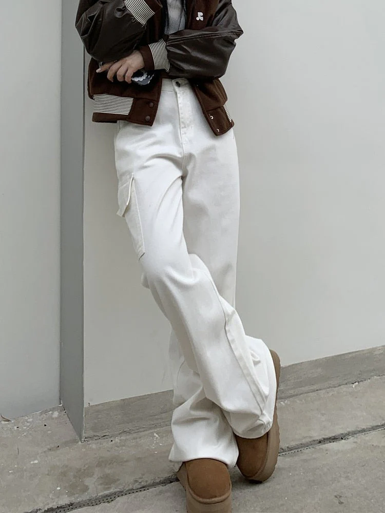deanwangkt Loose Denim Cargo Pants Mujer Casual High Waist Pocket Mom Jeans Women  Spring Summer White Baggy Woman Jeans - Deanwangkt